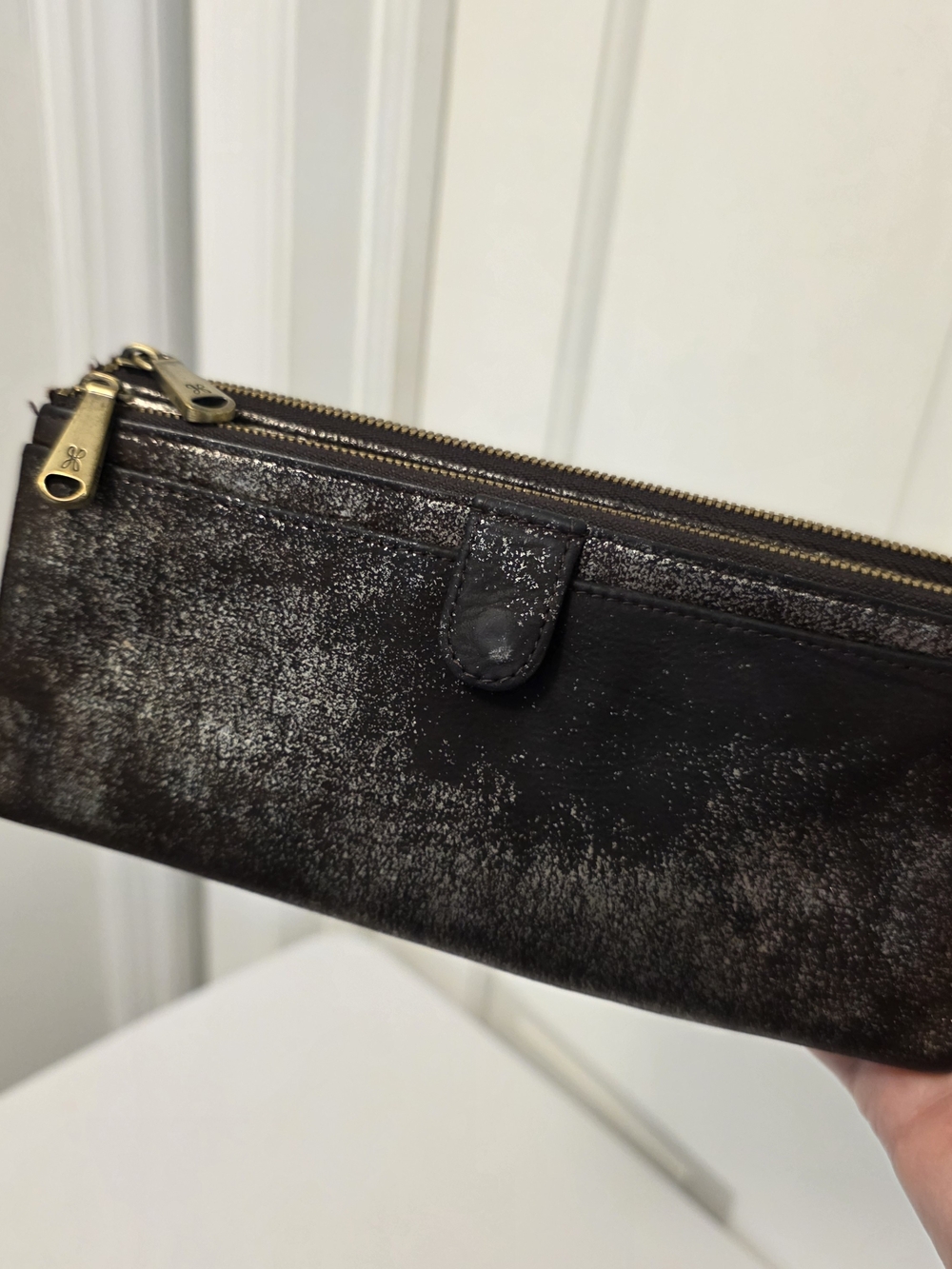 HOBO Black Metallic Leather Zip Wallet